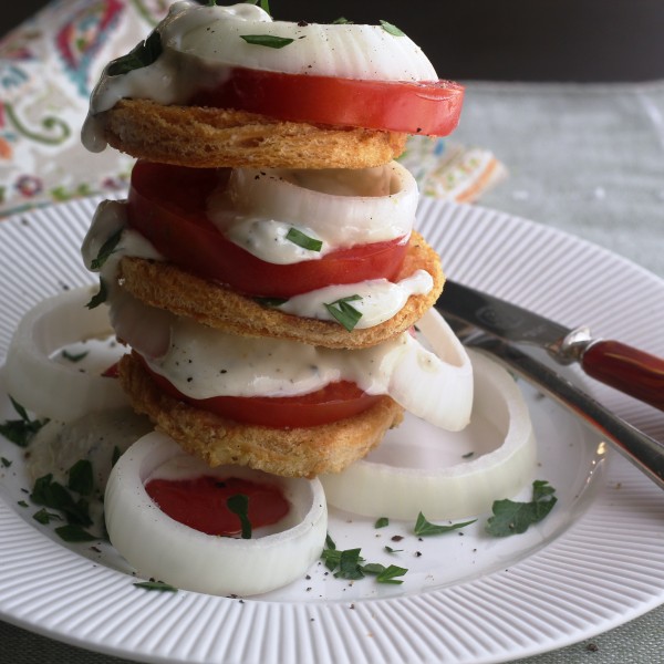 Stack Salad Of Creole Tomatoes And Vidalia Onions With A Maytag Blue Cheese Dressing